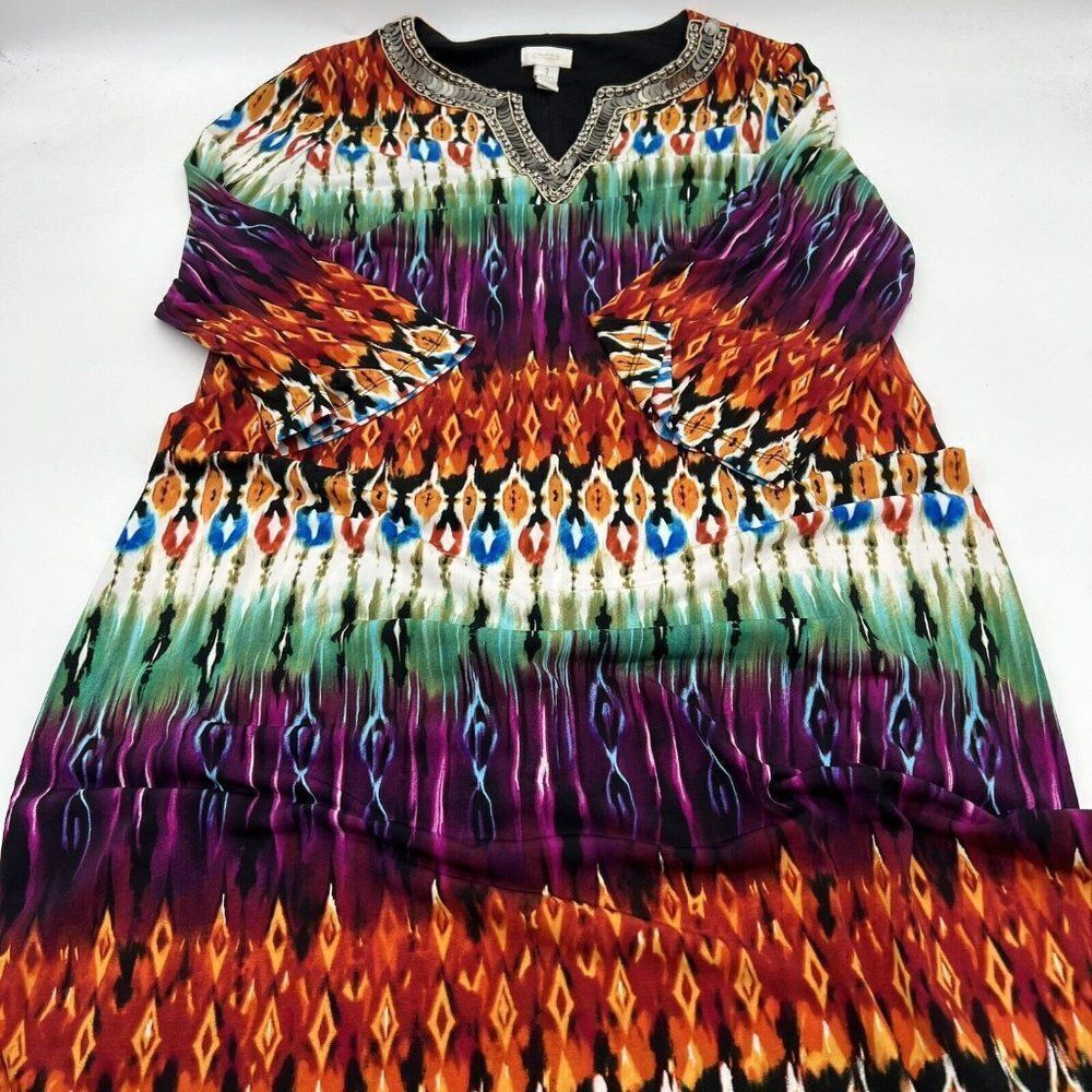 Chico's Abstract Printed Sequin Tunic Shift Dress Chicos Size 1 Boho Casual